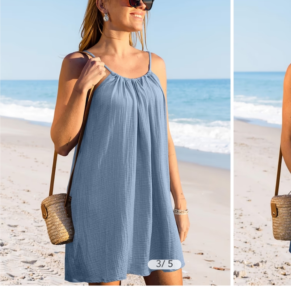 NWT Cupshe Modern Ease Blue Cover-Up Mini Dress 100% Cotton Swim Cover Size M